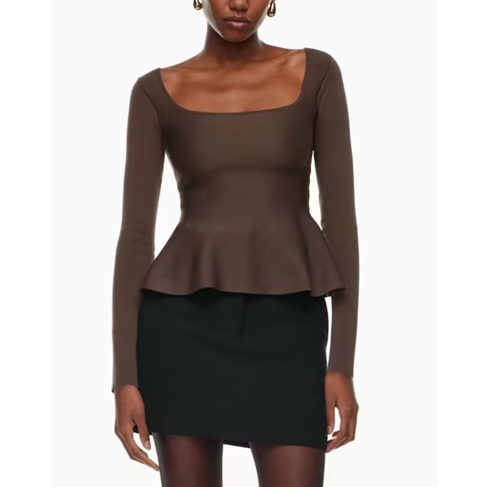 Aritzia Babaton Pouf Sculpt Knit Brown Square Neck Peplum Long Sleeve Knit Top S